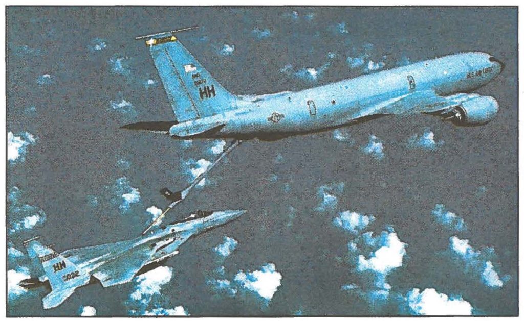 ON GOING MISSION Hawaii Air National Guard aircraft train for their air defense mission over the Hawaiian Islands. A KC135R Stratotanker refuels F-15 Eagles. John M. Dibbs photo
