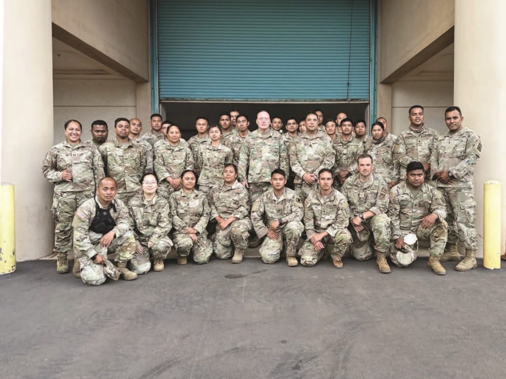 HING 93rd Chemical, Biological, Radiological, and Nuclear Enhanced Response Force Package with Maj. Gen. Stephen F. Logan and Command Sgt. Maj. James Jimenez at the 230th Engineer Company Armory on Maui during the wildfire recovery efforts. – Hawai‘i National Guard photo