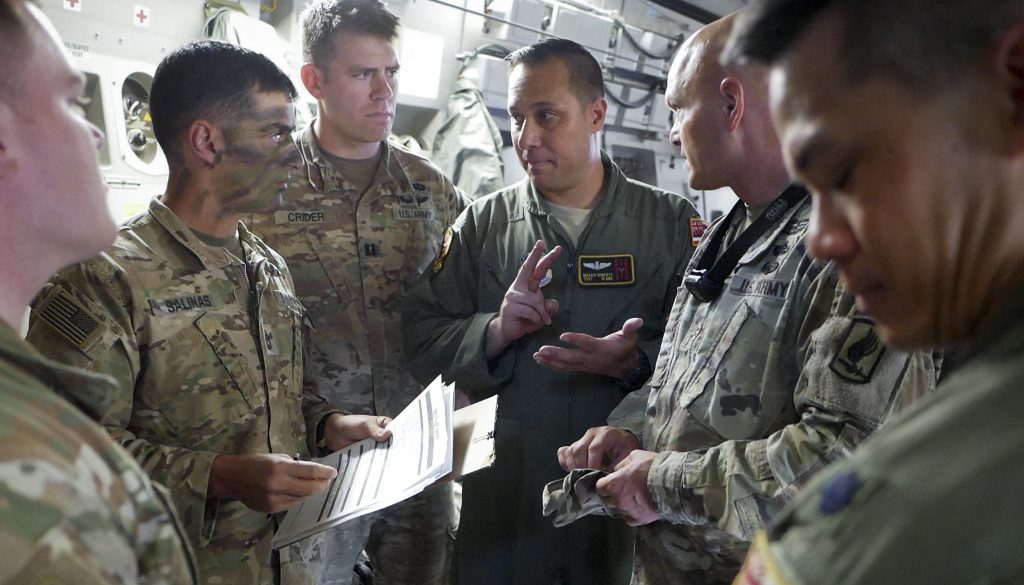 Aircrew assigned to the Hawaii Air National Guard’s 204th Airlift Squadron and Soldiers assigned to the 1st Battalion, 143rd Infantry Regiment, 173rd Airborne Brigade, discuss airborne operations on a C-17 Globemaster III June 13, 2019, at Ramstein Air Base, Germany. A formation of aircraft from Canada, Italy, Spain, NATO and the U.S. conducted a joint forcible entry operation for exercise Swift Response 19. (U.S. Air National Guard photo by Senior Airman John Linzmeier)
