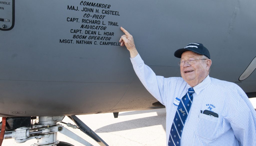Retired Lt. Col. Richard “Dick” Trail points to the crew members of the 1967 Mackay Trophy award mission inscribed on the nose of KC-135 Stratotanker, tail number 60-0329, Oct. 2, 2019, Colorado Springs, CO. Trail and his crew conducted the first ever tri-plane refueling on 60-0329 earning the award for the most meritorious flight of the year. 60-0329 is currently assigned to the Hawaii Air National Guard 203rd Air Refueling Squadron and conducted a flyover above the U.S. Air Force Academy as part of plaque dedication ceremony at the Plaza of Heroes to honor the contributions of U.S. Air Force Academy graduates who served as KC-135 Stratotanker pilots in the Vietnam War. (U.S. Air National Guard photo by Senior Airman Orlando Corpuz)