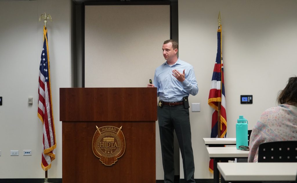 Investigator Sgt. John Suess IV from Pinellas County Sheriff’s Office gives presentation at the Hawaii State Fusion Center on findings from the 2018 Parkland Shooting law enforcement response.