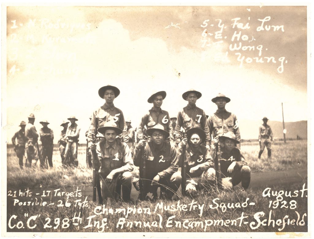 Champion Musketry Squad - August 1928 Company C, 298th Infantry Annual Encampment - Schofield Barracks 21 hits - 17 targets Possible - 26 tgts. 1. N Rodrigues 2. M. Kuramoto 3. L. Chun 4. L. Chang 5. Y. Fai Lum 6. E. Ho 7. F Wong 8. Ed. Young