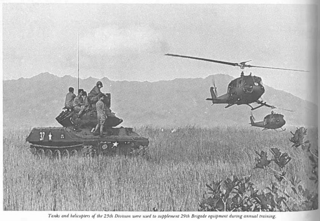 Tanks and helicopters of the 25th Division were used to supplement 29th Brigade equipment during annual training.