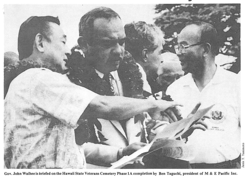 Gov.John Waihee is briefed on the Hawaii State Veterans Cemetery Phase 1A completion by Ben Taguchi, president of M & E Pacific Inc.
