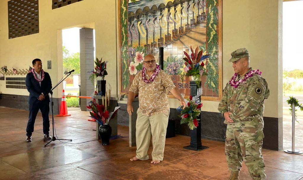 The Kauai Mayor, Derek S.K. Kawakami, Adjutant General State of Hawaii, Maj. Gen. Kenneth Hara, Deputy Adjutant General State of Hawaii, Brig. Gen. Stephan Logan, State of Hawai‘i Senior Enlisted Leader, Command Sgt. Maj. Dana Wingad, and Veterans attended the Kauai Veterans Cemetery Expansion Blessing Ceremony hosted by Mayor Derek Kawakami together with the Department of Parks & Recreation and State Department of Accounting and General Services (DAGS), April 21, 2022, Kauai Veterans Cemetery. The assembely gathereed to celebrate and bless the completion of the Kauai Veterans Cemetery, New Access Road, Expansion & Improvements project (~$3.9M construction costs)